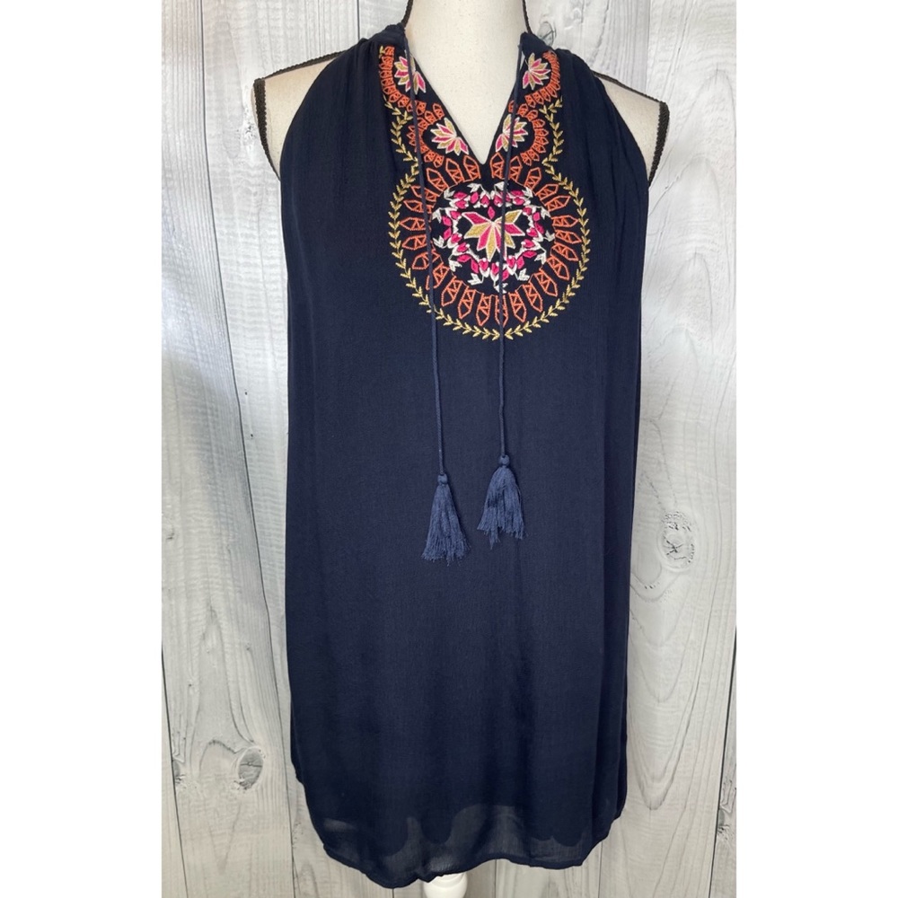 THML Boonie Embroidered Dress Sleeveless Sundress Tassels Lined Boho Sz MP